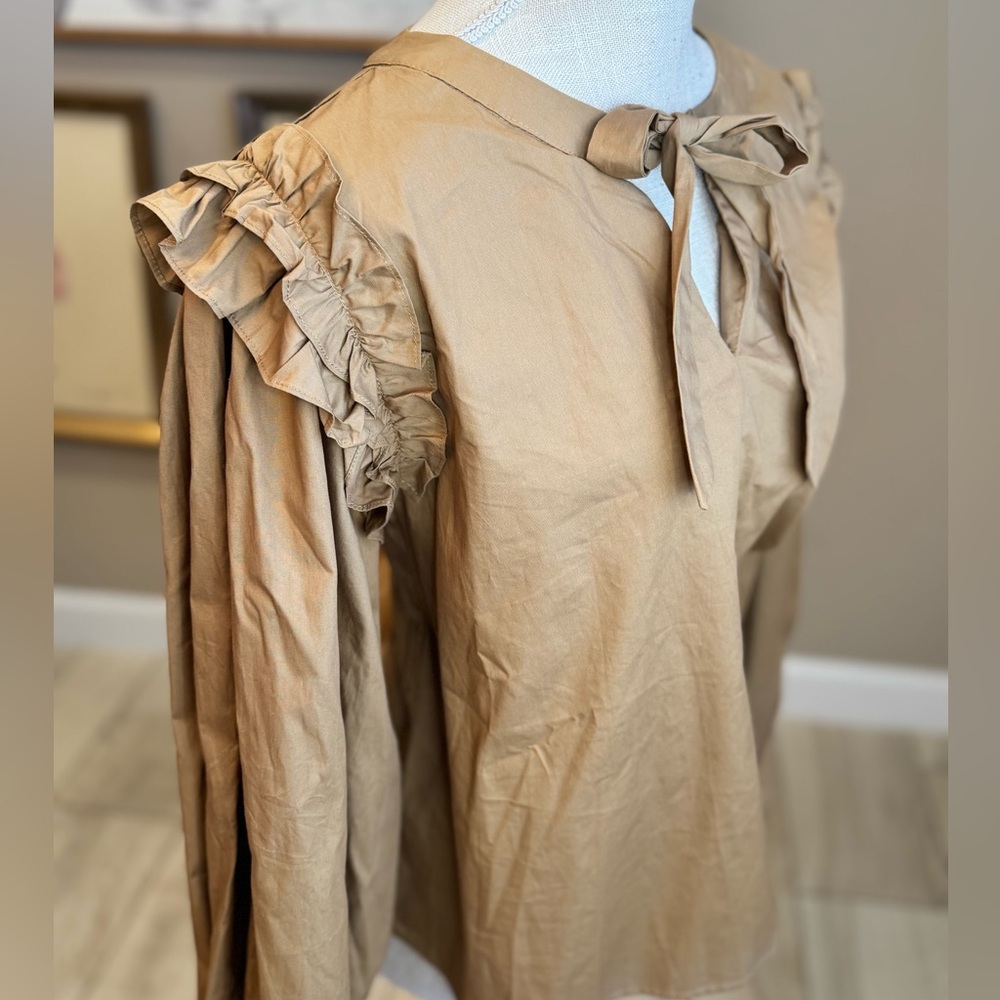 NWT! JODIFL Camel Tan Ruffle and Bow Blouse - Picture 5 of 8